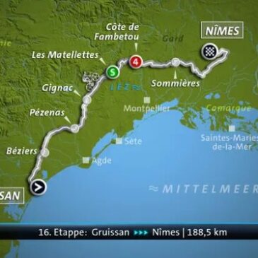 Livestream ab 13:35 Uhr: Tour de France – 16. Etappe:  Gruissan – Nimes (189 km) (Das Erste 14:10 – 18:00 Uhr)